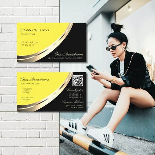 Black and Yellow Gold Decor with QR_Code Modern Business Card