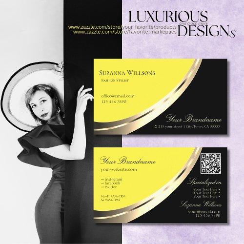Black and Yellow Gold Decor with QR_Code Modern Business Card