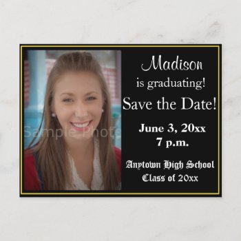 Black And Yellow Graduation Save The Date Card by LittleThingsDesigns at Zazzle