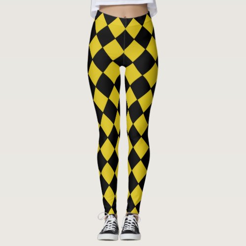 Black and Yellow Harlequin Diamond Checked Pattern Leggings