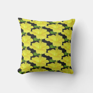 Black and Yellow Hibiscus Tropical Flower Outdoor Pillow