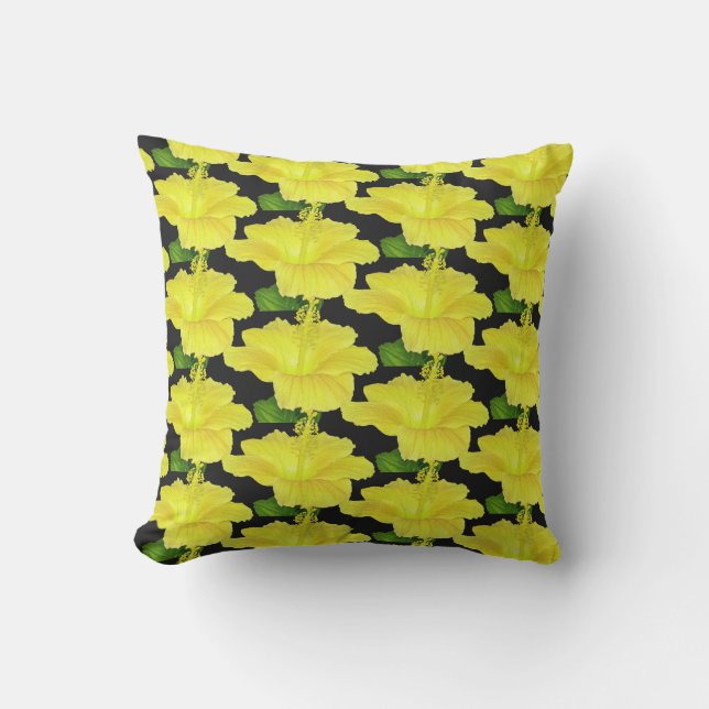 Black and Yellow Hibiscus Tropical Flower Outdoor Pillow (Front)