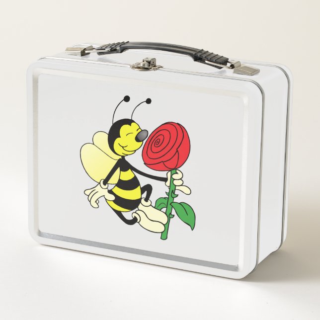 Black and yellow hornet wasp bee with a red rose metal lunch box (Front)