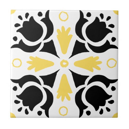 Black and Yellow Intricate Floral pattern Ceramic Tile