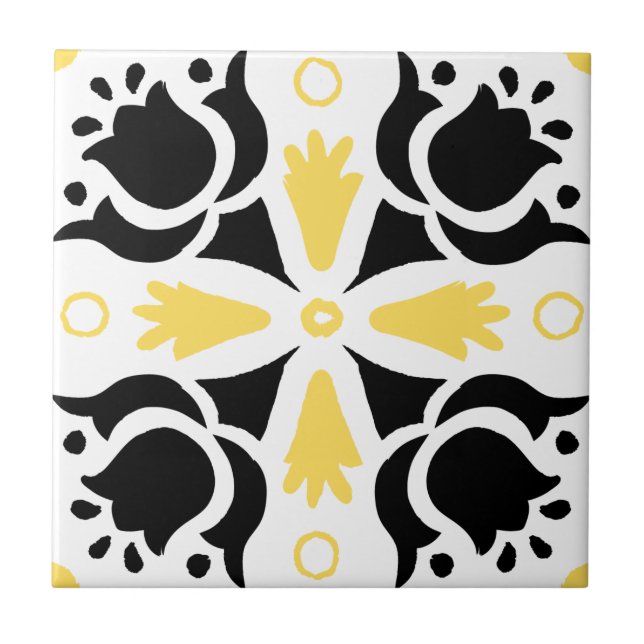 Black and Yellow Intricate Floral pattern Ceramic Tile (Front)