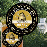 Black and Yellow Label Vintage Skep and Bees<br><div class="desc">This label has editable fields for your apiary name,  beekeeper name and location. Editable product description and product name. Vintage skep-beehive illustration with bees and dotted double border. Contact information.  Black and Gold.</div>