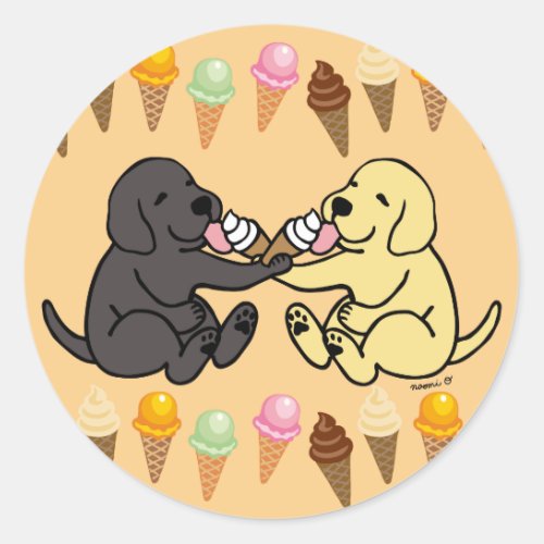 Black and Yellow Labradors Sharing Ice Cream Classic Round Sticker
