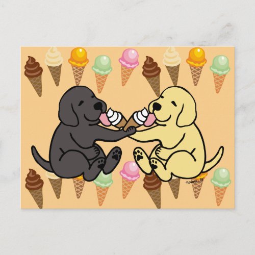 Black and Yellow Labradors Sharing Ice Cream Postcard