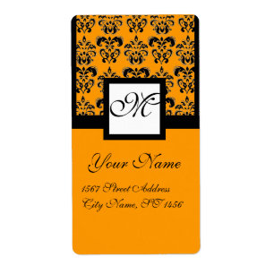 BLACK AND YELLOW ORANGE SQUARE DAMASK MONOGRAM LABEL