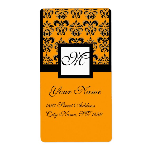 BLACK AND YELLOW ORANGE SQUARE DAMASK MONOGRAM LABEL (Front)