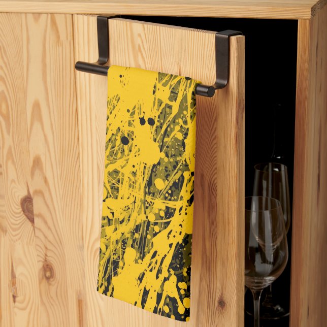 Black and Yellow Paint Splashes Kitchen Towel (Thirds Fold)