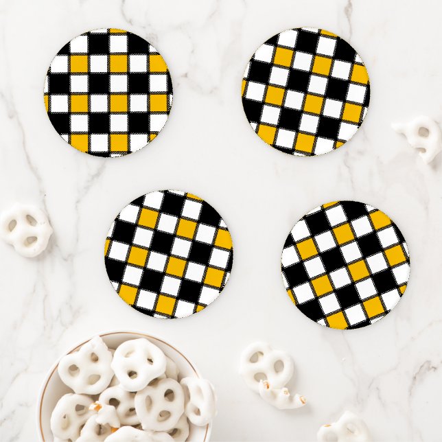 Black and Yellow Plaid Check Coaster Set (In Situ)