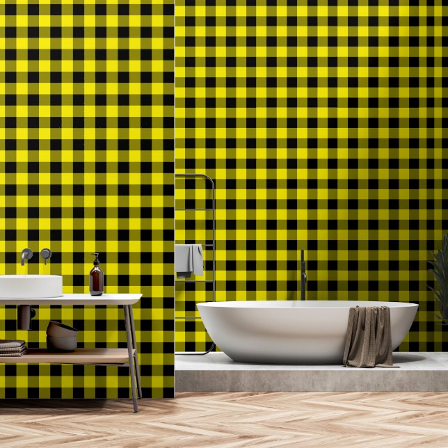 Black and Yellow Plaid Checked Wallpaper (Bathroom)