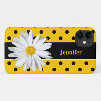 Black and Yellow Polka Dots, Daisy iPhone 11 Case