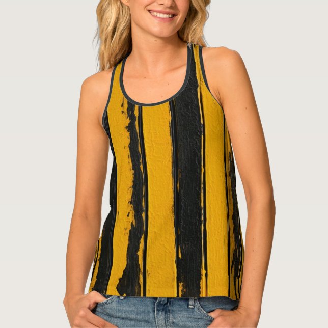 Black and Yellow Retro Oil Striped Pattern Tank Top (Front)