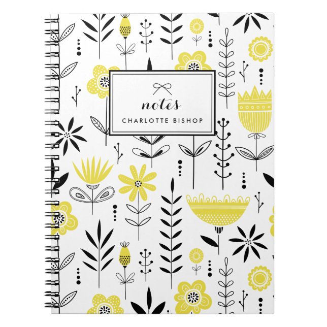 Black and Yellow Scandinavian Floral Pattern Notebook (Front)