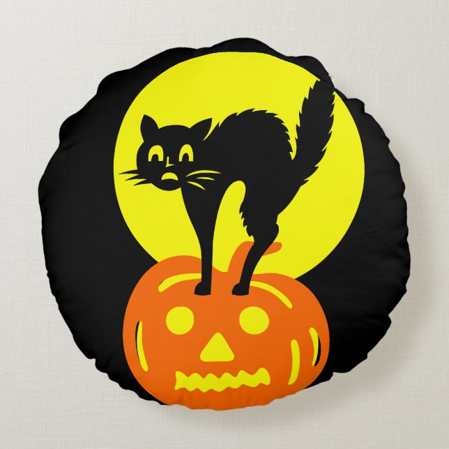 Black and Yellow skulls Pumpkin Cat Halloween Round Pillow (Back)