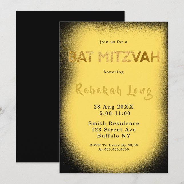 Black and Yellow Smoke Bat Mitzvah Invitations (Front/Back)
