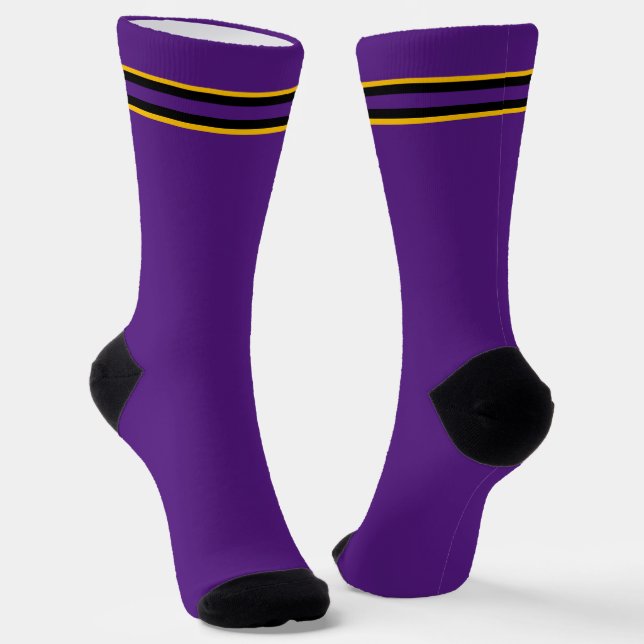 Black and Yellow Sports Stripe on Purple Socks (Angled)
