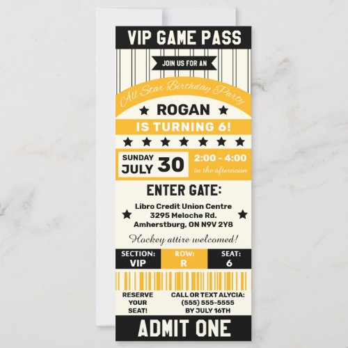 Black and Yellow Sports Team Ticket Birthday Party Invitation