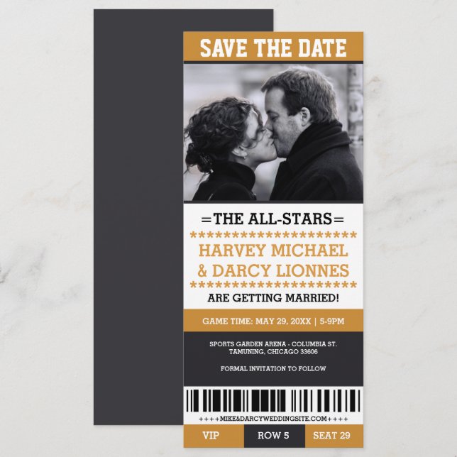 Black and Yellow Sports Ticket Save the Date Invitation (Front/Back)