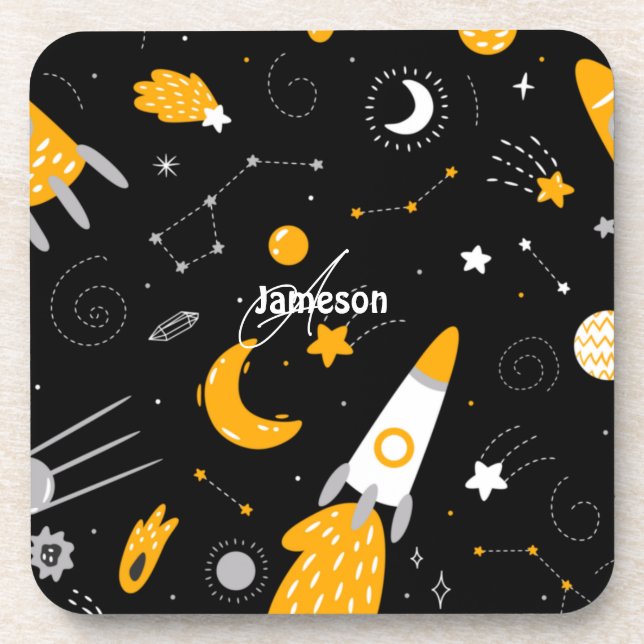 Black and Yellow Stars, Moon Outer Space Rocket Beverage Coaster (Front)