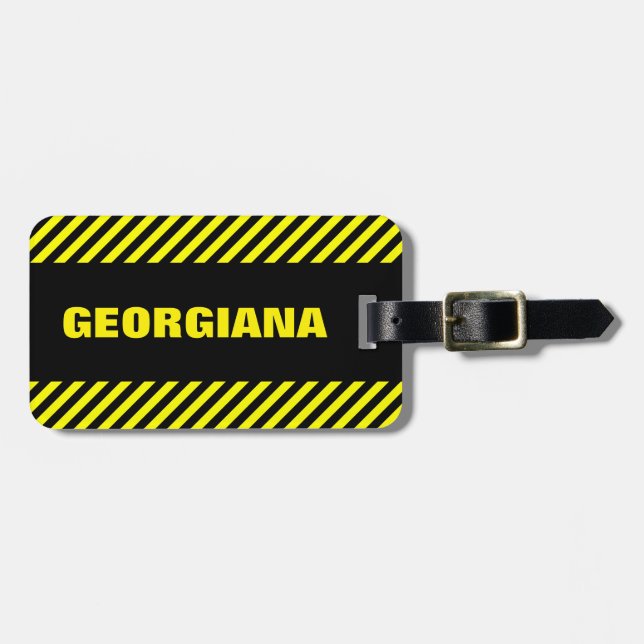Black and Yellow Stripes + Personalized Name Luggage Tag (Front Horizontal)