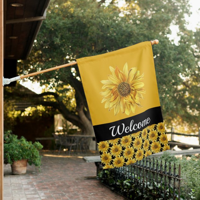 Black and Yellow Sunflower Welcome Home House Flag (In SItu)