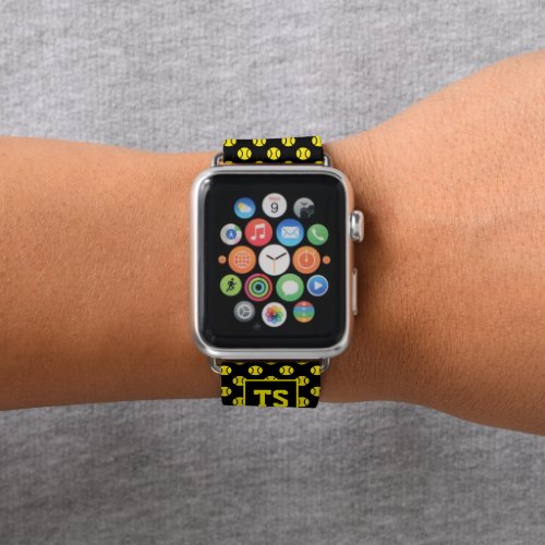 Black and yellow tennis ball pattern monogrammed apple watch band