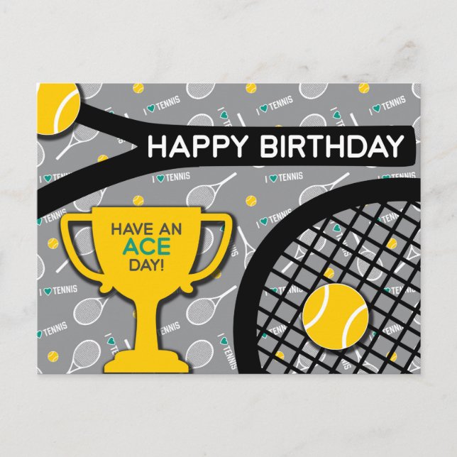 🎾 🖤 black and yellow Tennis Birthday Postcard (Front)