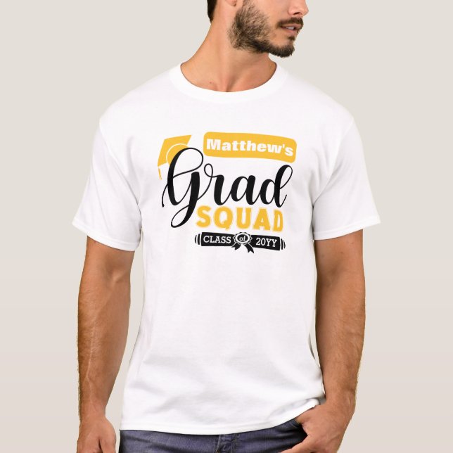 Black and Yellow Text Male's White Grad Squad T-Shirt (Front)