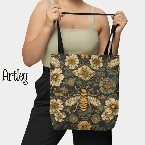 Black and Yellow Vintage Style Floral Bees Tote Bag