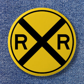 Black and Yellow Warning Sign Railroad Crossing Pinback Button