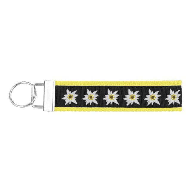 Black and Yellow with White Edelweiss Flowers  Wrist Keychain (Keys on Left)