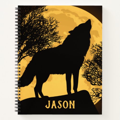 Black and Yellow Wolf Full Moon Spiral Notebook