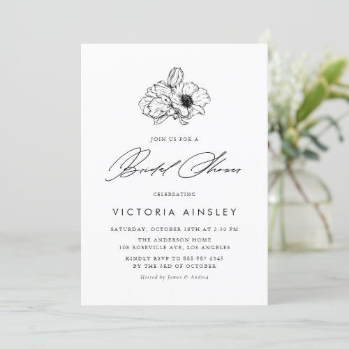 Black Anemone Modern Floral Bridal Shower Invitation