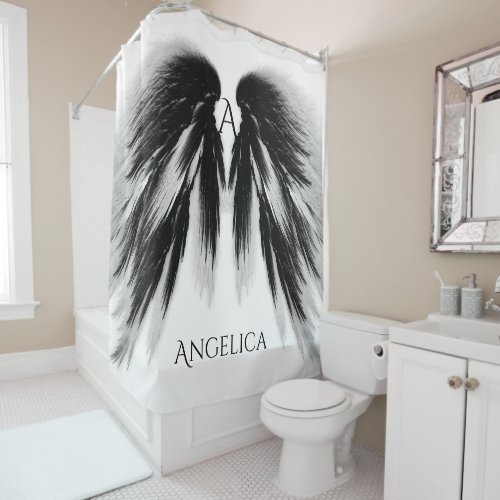 Black Angel Wings Monogram Shower Curtain