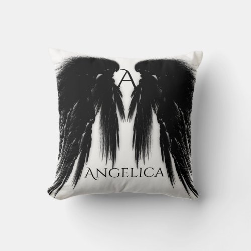 BLACK ANGEL WINGS Monogram Throw Pillow