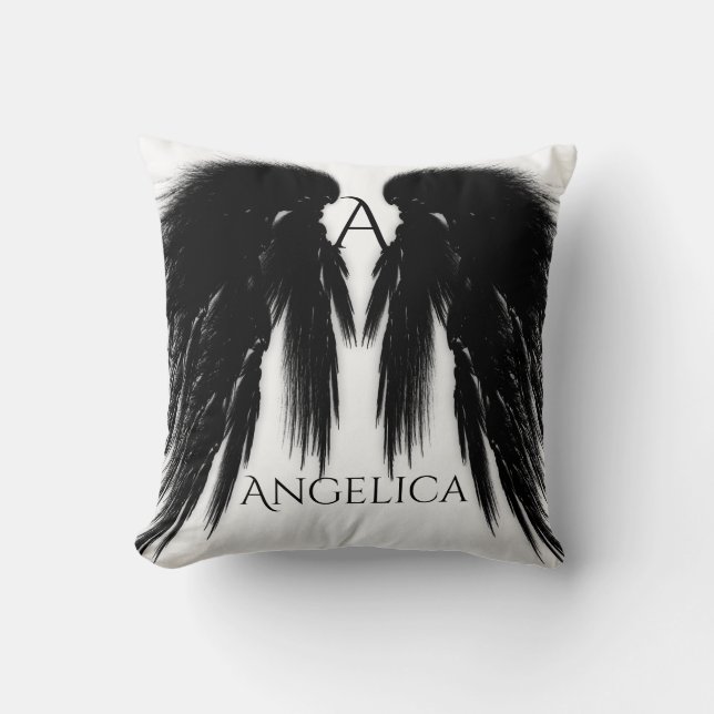BLACK ANGEL WINGS Monogram Throw Pillow (Front)