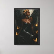 Black Angel Woman Canvas Print Gold Butterflies