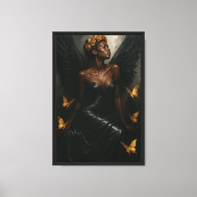 Black Angel Woman Canvas Print Gold Butterflies (Front)