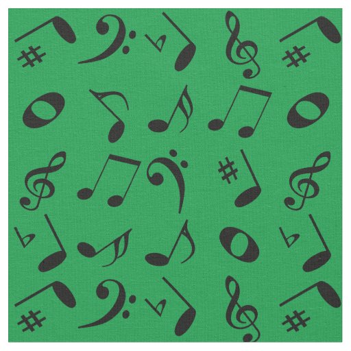 Black Angled Music Notes Pattern on Green Fabric