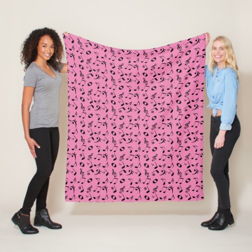 Black Angled Music Notes Pattern on Pink Fleece Blanket