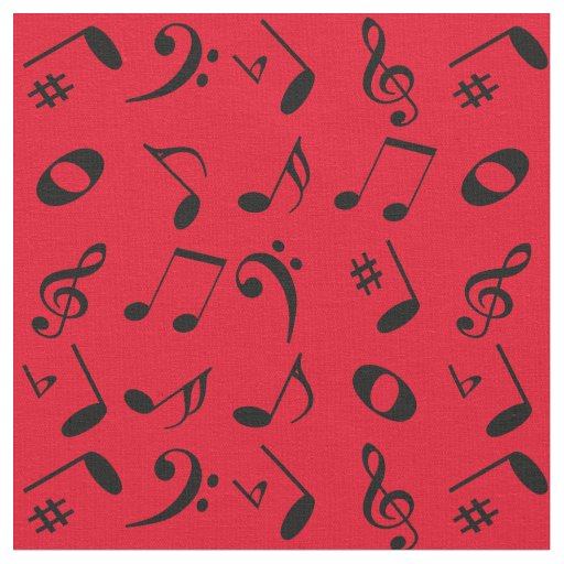 Black Angled Music Notes Pattern on Red Fabric