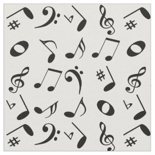 Black Angled Music Notes Pattern on White Fabric
