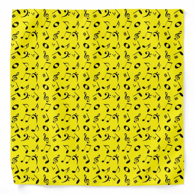 Black Angled Music Notes Pattern on Yellow Bandana (Front)