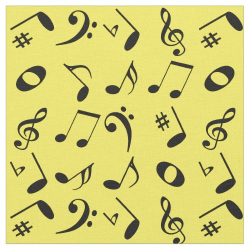 Black Angled Music Notes Pattern on Yellow Fabric