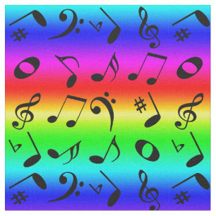 Black Angled Music Notes Pattern Rainbow Gradient Fabric