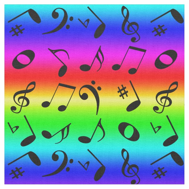Black Angled Music Notes Pattern Rainbow Gradient Fabric (Close Up)