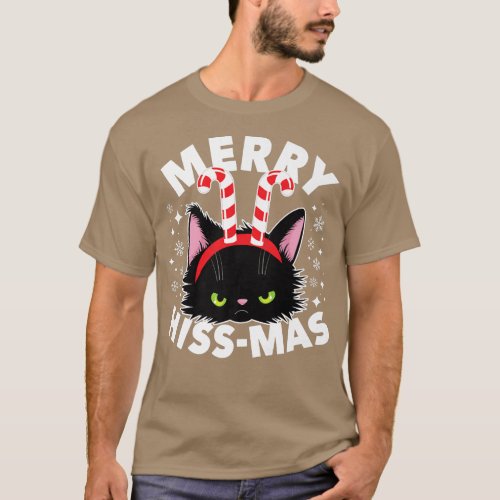 Black Angry Cat Merry Hiss Mas Candy Cane Cute Chr T_Shirt